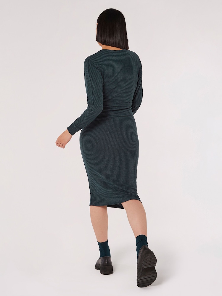 Apricot Green Ribbed Batwing Wrap Midi Dress - Image 2 of 5 Apricot Green Ribbed Batwing Wrap Midi Dress - Image 2 of 5