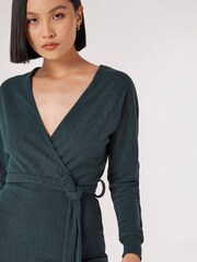 Apricot Green Ribbed Batwing Wrap Midi Dress - Image 4 of 5