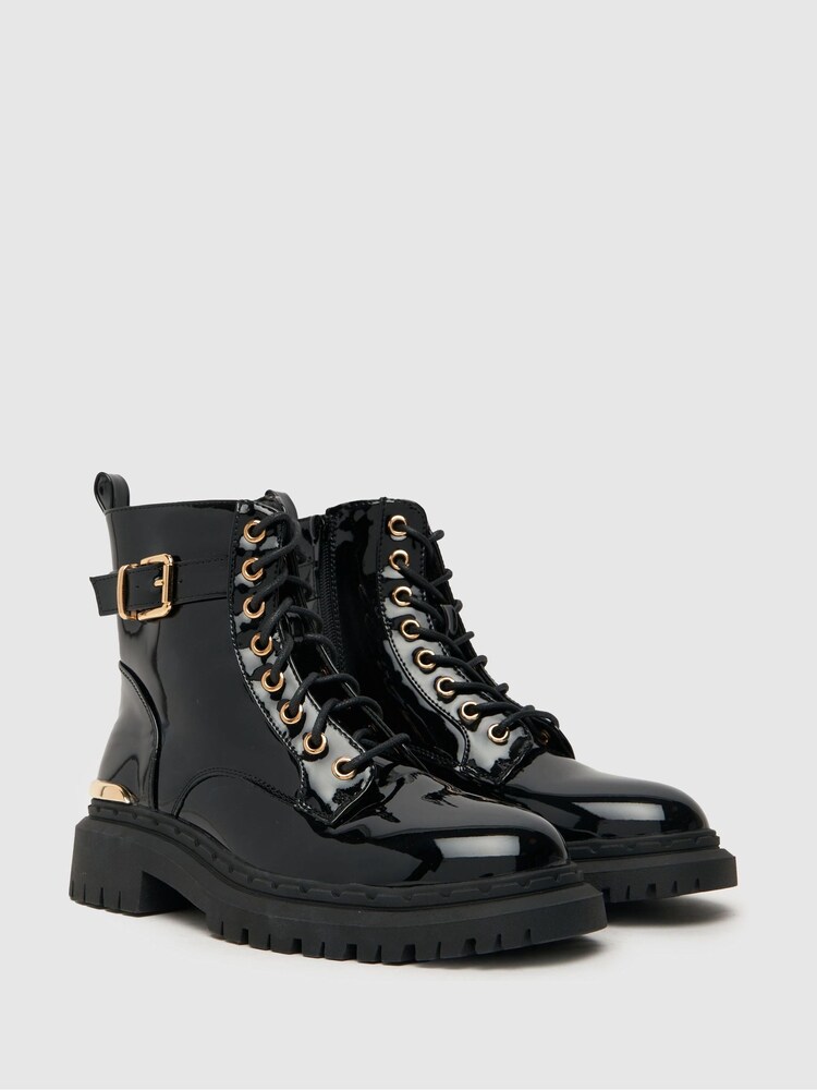 Schuh Ashley Patent Strap Lace Black Boots - Image 2 of 4