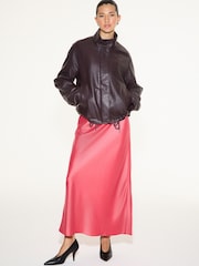 Coral Pink Satin Midi Skirt - Image 1 of 5