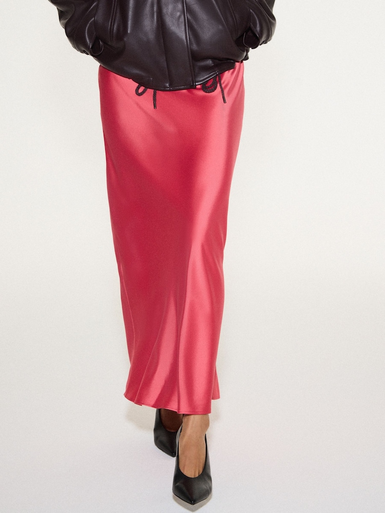 Coral Pink Satin Midi Skirt - Image 2 of 5 Coral Pink Satin Midi Skirt - Image 2 of 5