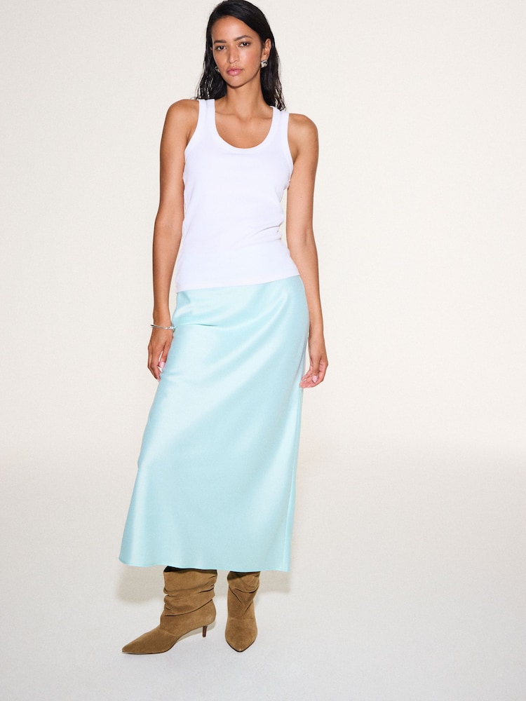 Aqua Blue Satin Midi Skirt - Image 2 of 4 Aqua Blue Satin Midi Skirt - Image 2 of 4