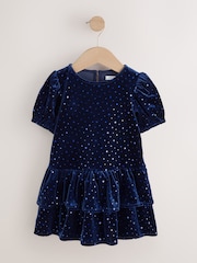 Navy Blue Velvet Short Sleeve Occasion Dress (3mths-8yrs) - Image 1 of 5