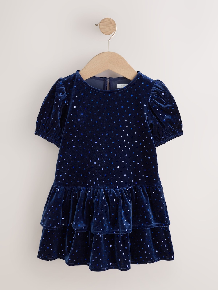 Navy Blue Velvet Short Sleeve Occasion Dress (3mths-8yrs) - Image 1 of 5
