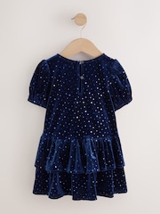 Navy Blue Velvet Short Sleeve Occasion Dress (3mths-8yrs) - Image 2 of 5