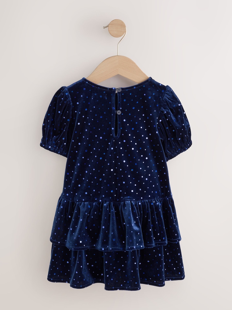 Navy Blue Velvet Short Sleeve Occasion Dress (3mths-8yrs) - Image 2 of 5