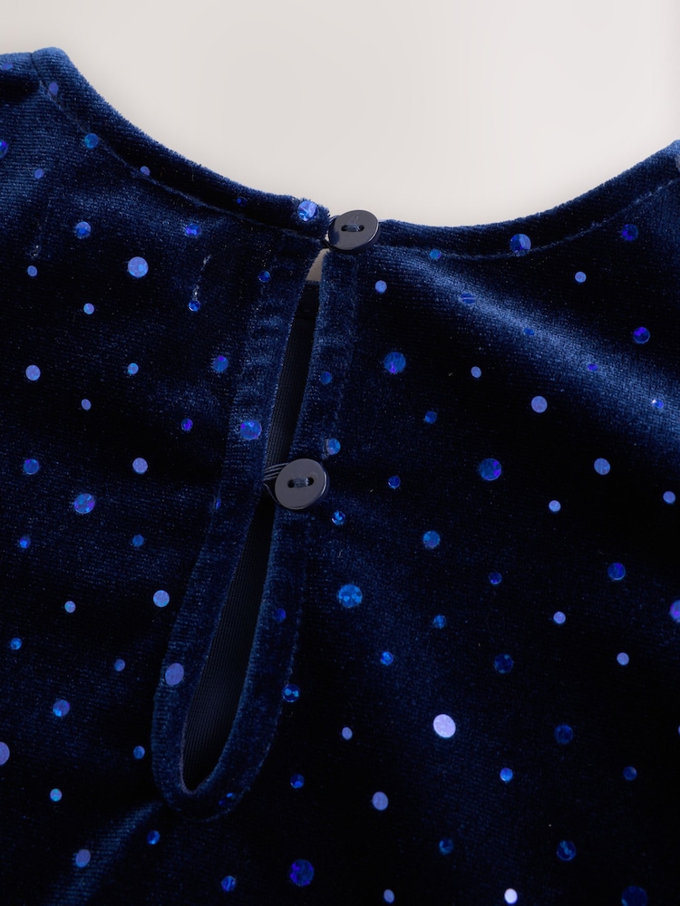 Navy Blue Velvet Short Sleeve Occasion Dress (3mths-8yrs) - Image 5 of 5