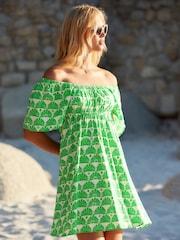 Green Palm Flutter Sleeve Summer Mini Dress - Image 1 of 5