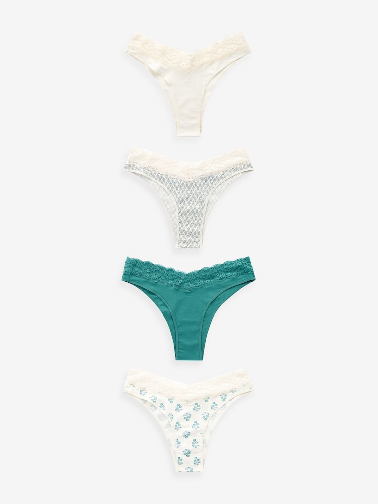 Green/White Print Extra High Leg Cotton and Lace Knickers 4 Pack - Image 1 of 8