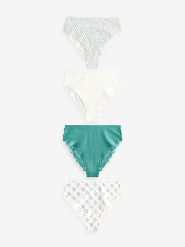 Green/White Print High Rise High Leg Cotton and Lace Knickers 4 Pack - Image 1 of 8