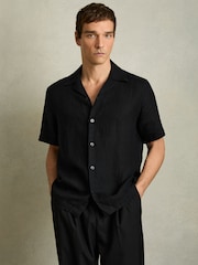 Reiss Black Beldi Relaxed Linen Cuban Collar Shirt - Image 1 of 6