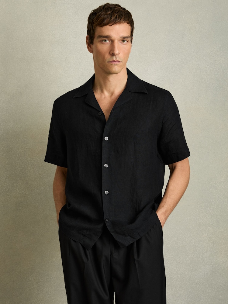 Reiss Black Beldi Relaxed Linen Cuban Collar Shirt - Image 1 of 6