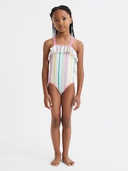 Reiss Multi Cora 9-13 yrs Striped Frilly Cross-Back Swimsuit - Image 1 of 6