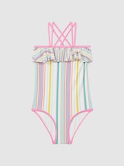 Reiss Multi Cora 9-13 yrs Striped Frilly Cross-Back Swimsuit - Image 2 of 6