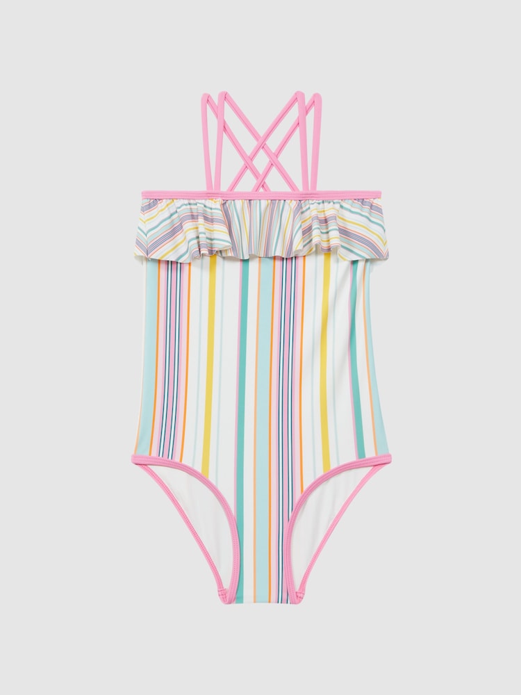 Reiss Multi Cora 9-13 yrs Striped Frilly Cross-Back Swimsuit - Image 2 of 6
