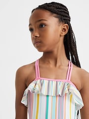 Reiss Multi Cora 9-13 yrs Striped Frilly Cross-Back Swimsuit - Image 4 of 6