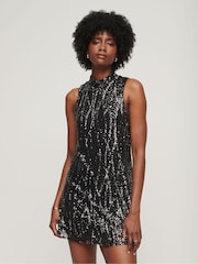 Superdry Black Sleeveless Sequin A Line Mini Dress - Image 1 of 3