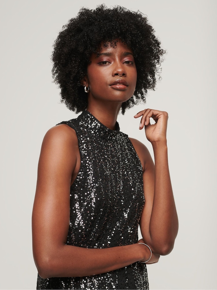 Superdry Black Sleeveless Sequin A Line Mini Dress - Image 2 of 3