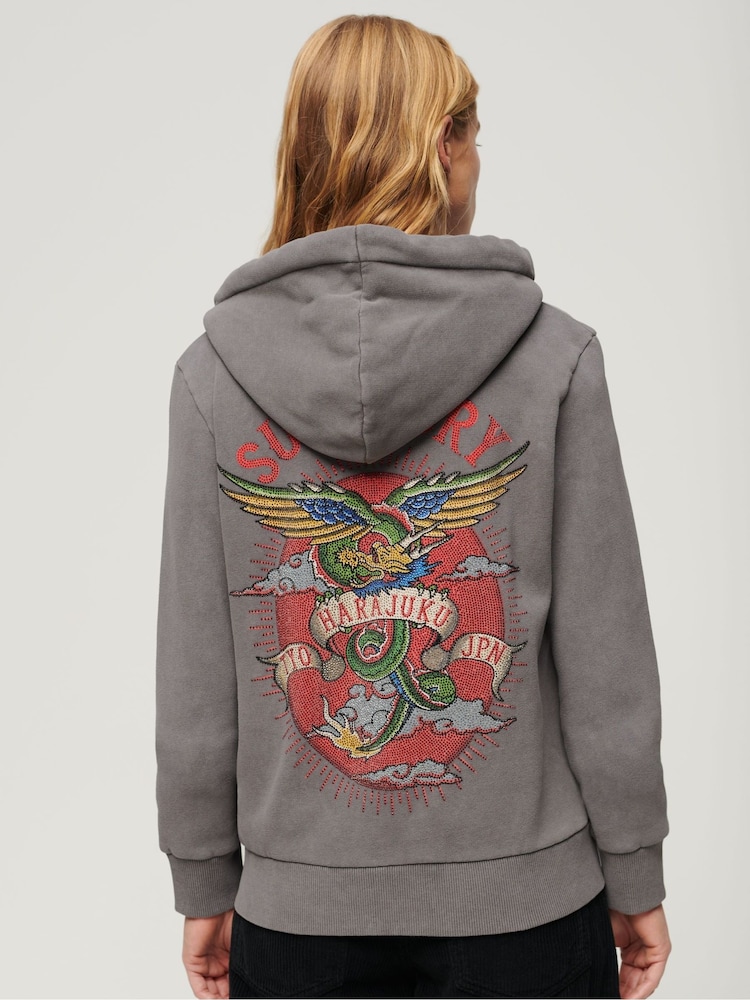 Superdry Grey Tattoo Rhinestone Backprint Zip Hoodie - Image 1 of 4 Superdry Grey Tattoo Rhinestone Backprint Zip Hoodie - Image 1 of 4