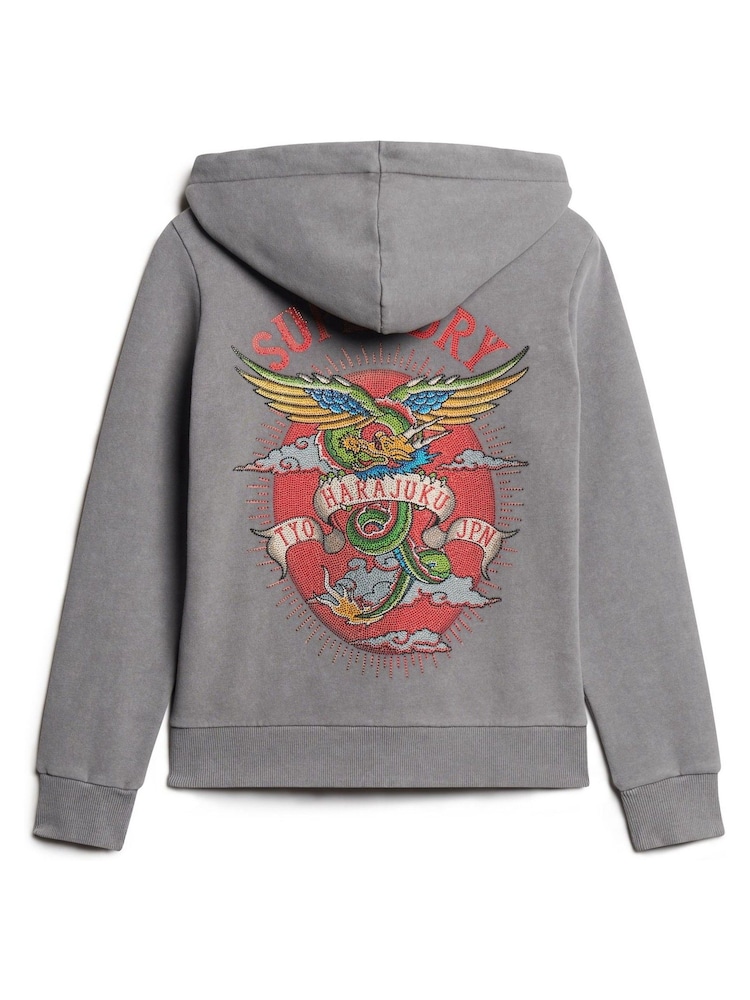 Superdry Grey Tattoo Rhinestone Backprint Zip Hoodie - Image 4 of 4