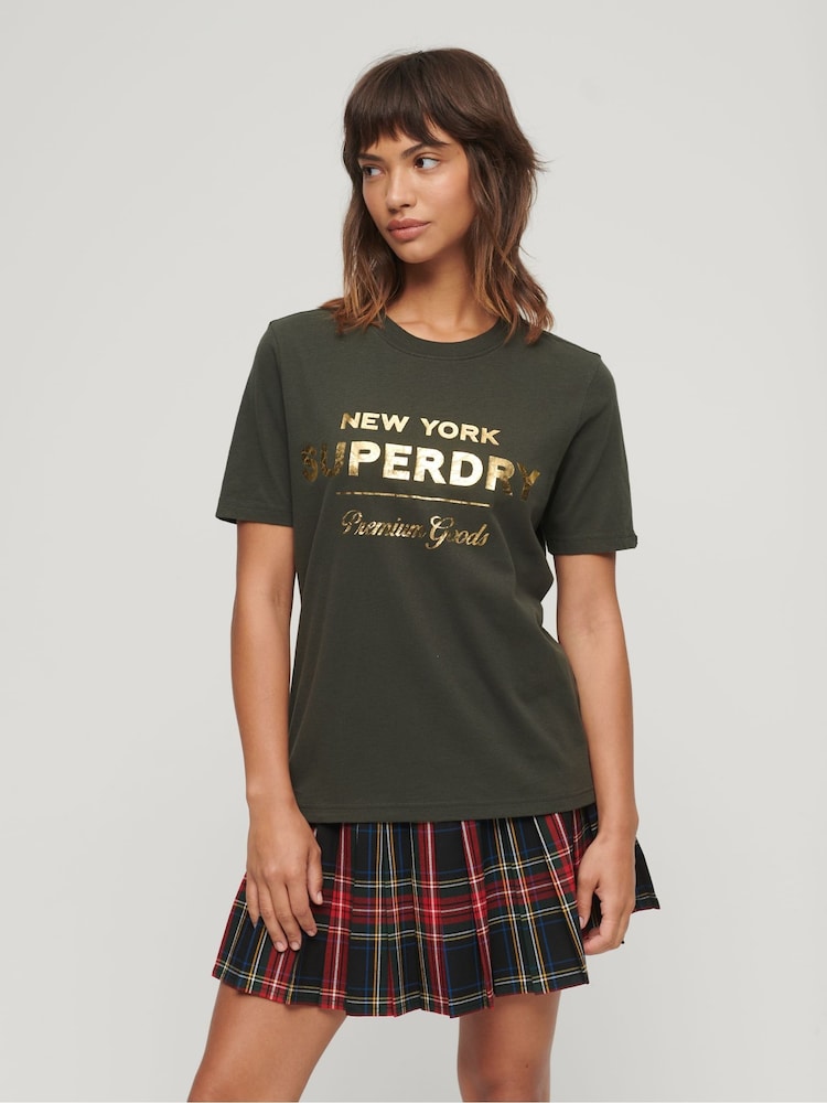 Superdry Grey 100% Cotton Luxe Metallic Logo T-Shirt - Image 1 of 3