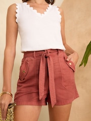 Love & Roses Red Belted Cotton Twill Utility Shorts - Image 4 of 4