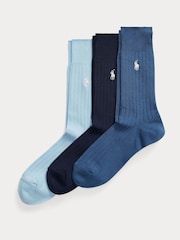 Polo Ralph Lauren Blue/Grey/Black Ribbed Cotton Blend Crew Socks 3 Pack - Image 1 of 6