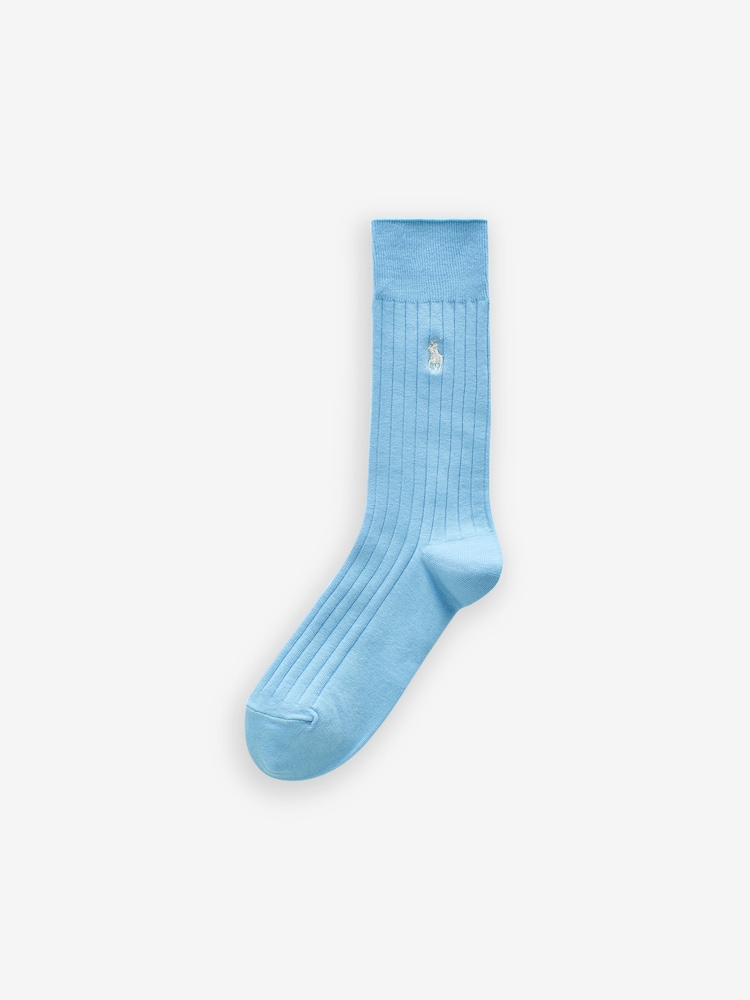 Polo Ralph Lauren Blue/Grey/Black Ribbed Cotton Blend Crew Socks 3 Pack - Image 5 of 6