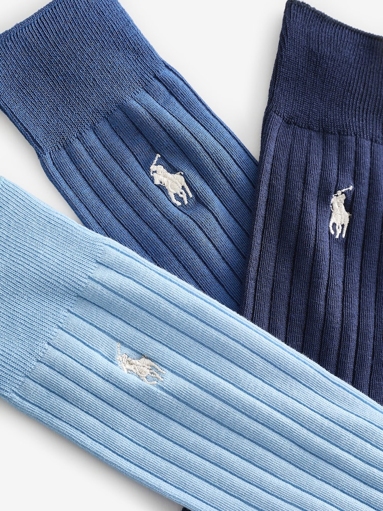 Polo Ralph Lauren Blue/Grey/Black Ribbed Cotton Blend Crew Socks 3 Pack - Image 6 of 6