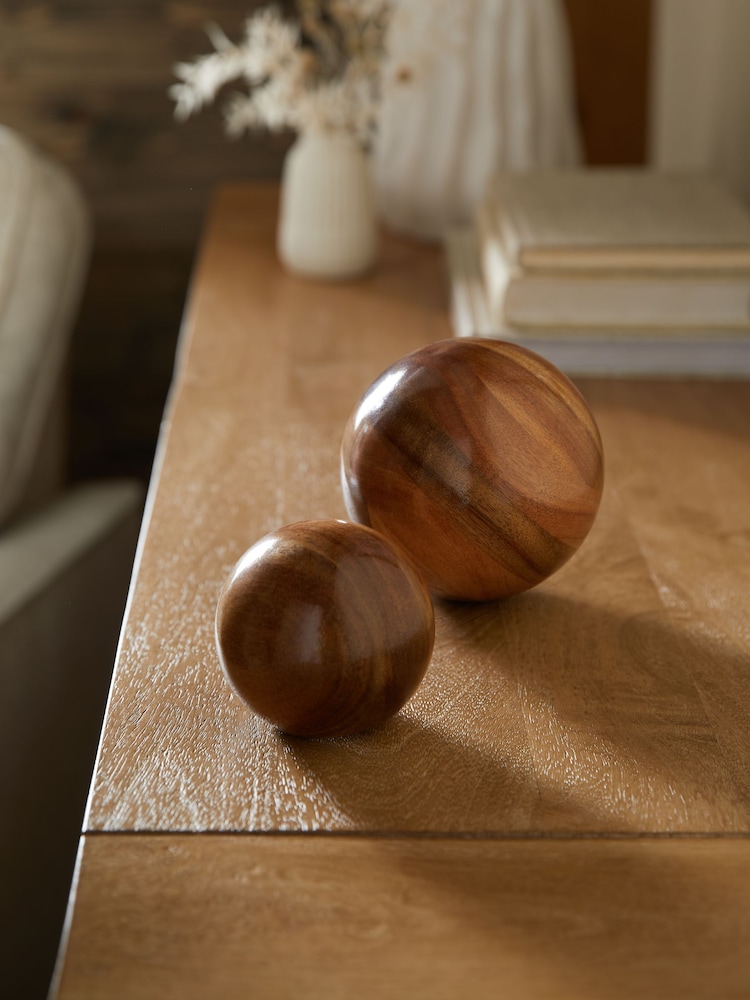Set of 2 Brown Waxed Ash Wood Decorative Ball Ornaments - Image 1 of 4