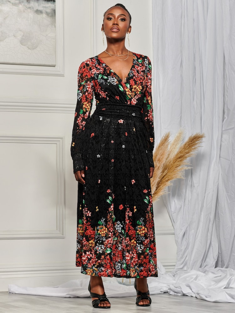Jolie Moi Black & Red Symmetrical Print Amica Lace Maxi Dress - Image 1 of 6