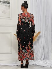 Jolie Moi Black & Red Symmetrical Print Amica Lace Maxi Dress - Image 2 of 6