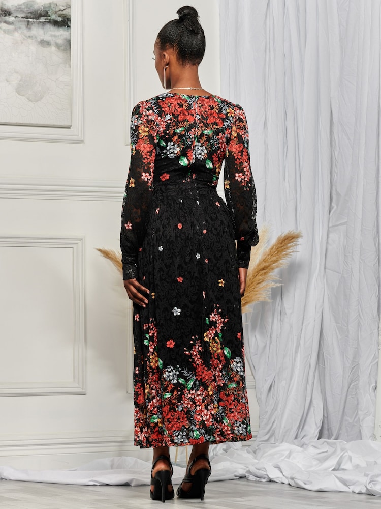 Jolie Moi Black & Red Symmetrical Print Amica Lace Maxi Dress - Image 2 of 6