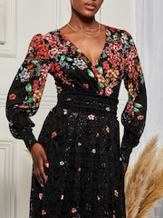 Jolie Moi Black & Red Symmetrical Print Amica Lace Maxi Dress - Image 3 of 6