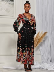 Jolie Moi Black & Red Symmetrical Print Amica Lace Maxi Dress - Image 4 of 6
