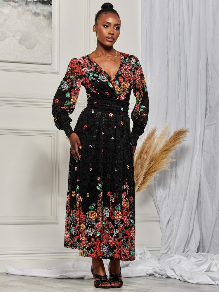Jolie Moi Black & Red Symmetrical Print Amica Lace Maxi Dress - Image 6 of 6