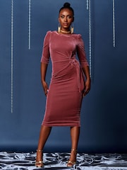 Jolie Moi Pink 3/4 Sleeve Tie Detail Velvet Midi Dress - Image 1 of 6
