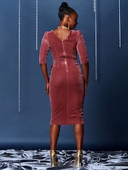 Jolie Moi Pink 3/4 Sleeve Tie Detail Velvet Midi Dress - Image 2 of 6
