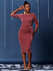 Jolie Moi Pink 3/4 Sleeve Tie Detail Velvet Midi Dress - Image 3 of 6