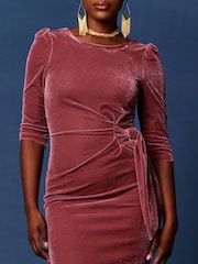 Jolie Moi Pink 3/4 Sleeve Tie Detail Velvet Midi Dress - Image 5 of 6