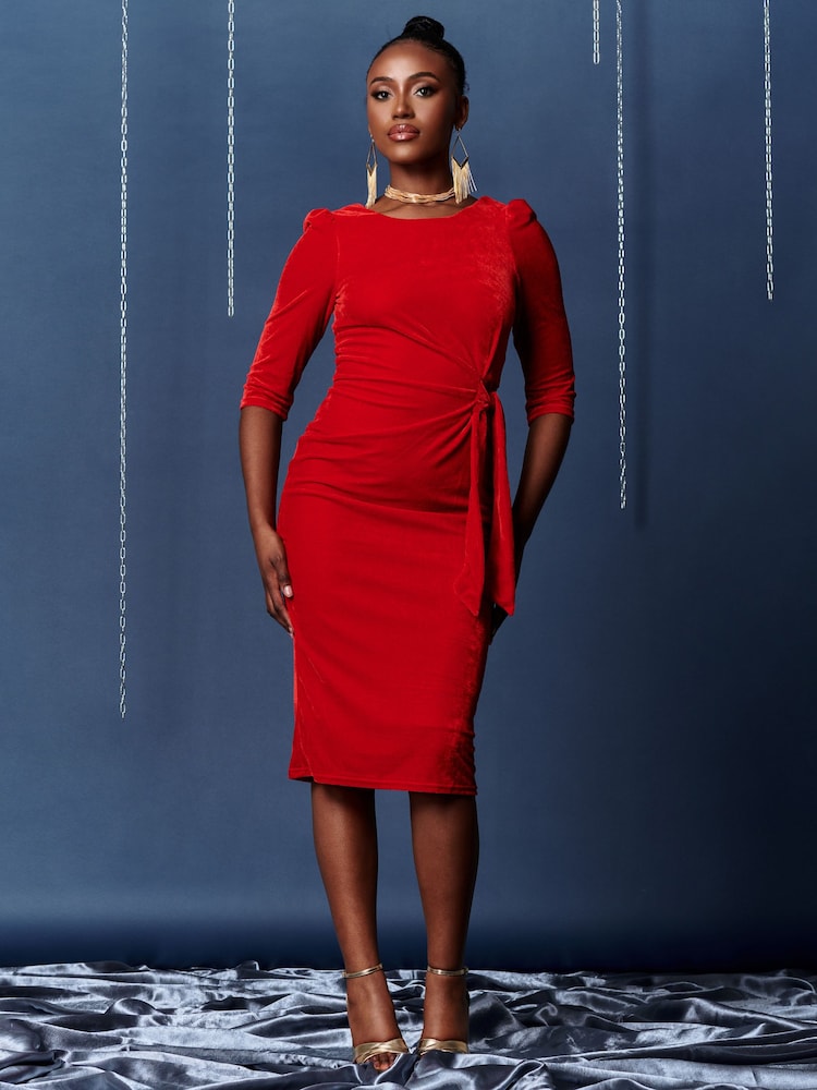 Jolie Moi Red Velvet Tie Detail Bodycon Dress - Image 1 of 6
