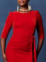 Jolie Moi Red Velvet Tie Detail Bodycon Dress - Image 4 of 6