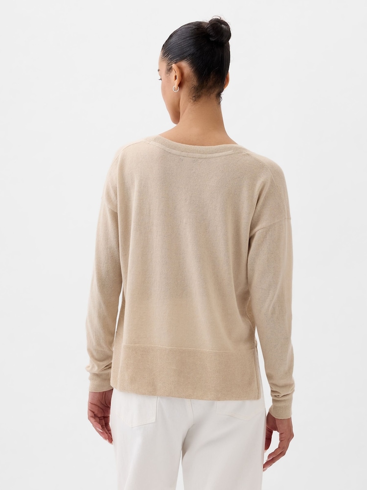 Gap Beige Linen Blend V Neck Split Hem Jumper - Image 2 of 5 Gap Beige Linen Blend V Neck Split Hem Jumper - Image 2 of 5