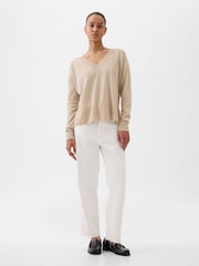 Gap Beige Linen Blend V Neck Split Hem Jumper - Image 3 of 5