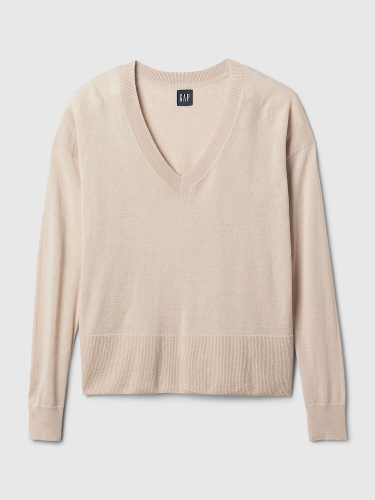 Gap Beige Linen Blend V Neck Split Hem Jumper - Image 5 of 5 Gap Beige Linen Blend V Neck Split Hem Jumper - Image 5 of 5