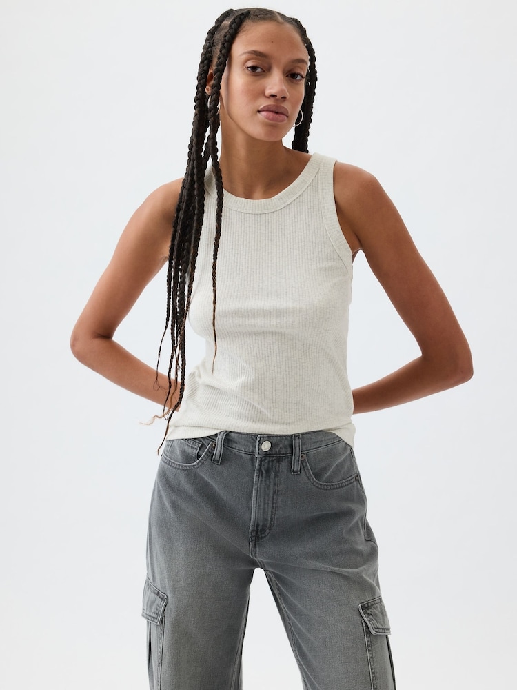 Gap Grey Ribbed Racer High Neck Vest Top - Image 1 of 2 Gap Grey Ribbed Racer High Neck Vest Top - Image 1 of 2
