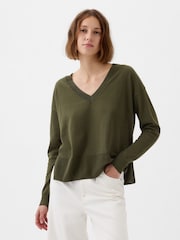Gap Green Linen Blend V Neck Split Hem Jumper - Image 1 of 5