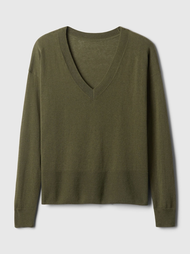 Gap Green Linen Blend V Neck Split Hem Jumper - Image 5 of 5 Gap Green Linen Blend V Neck Split Hem Jumper - Image 5 of 5