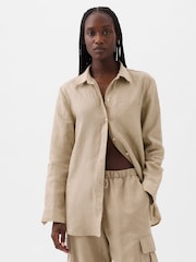 Gap Brown 100% Linen Long Sleeve Oversized Shirt - Image 3 of 6