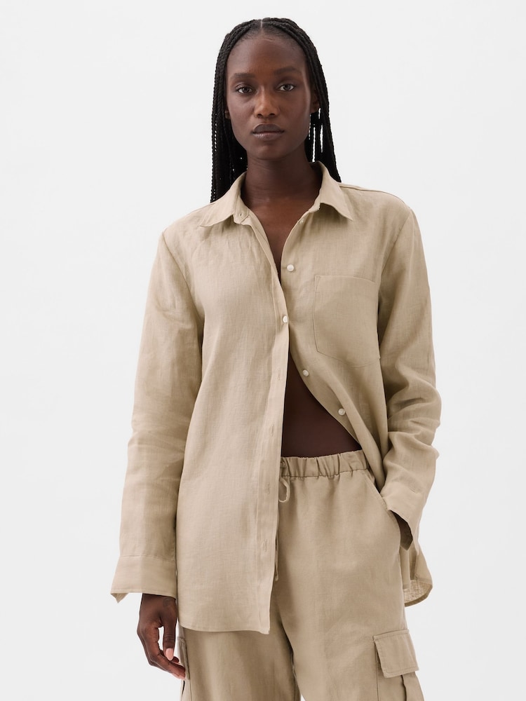 Gap Brown 100% Linen Long Sleeve Oversized Shirt - Image 3 of 6